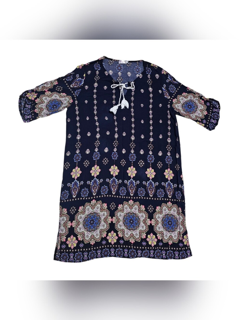 HALIFE Women's Boho Floral Paisley Shift Dress Navy Blue Tassel Accent Size XL